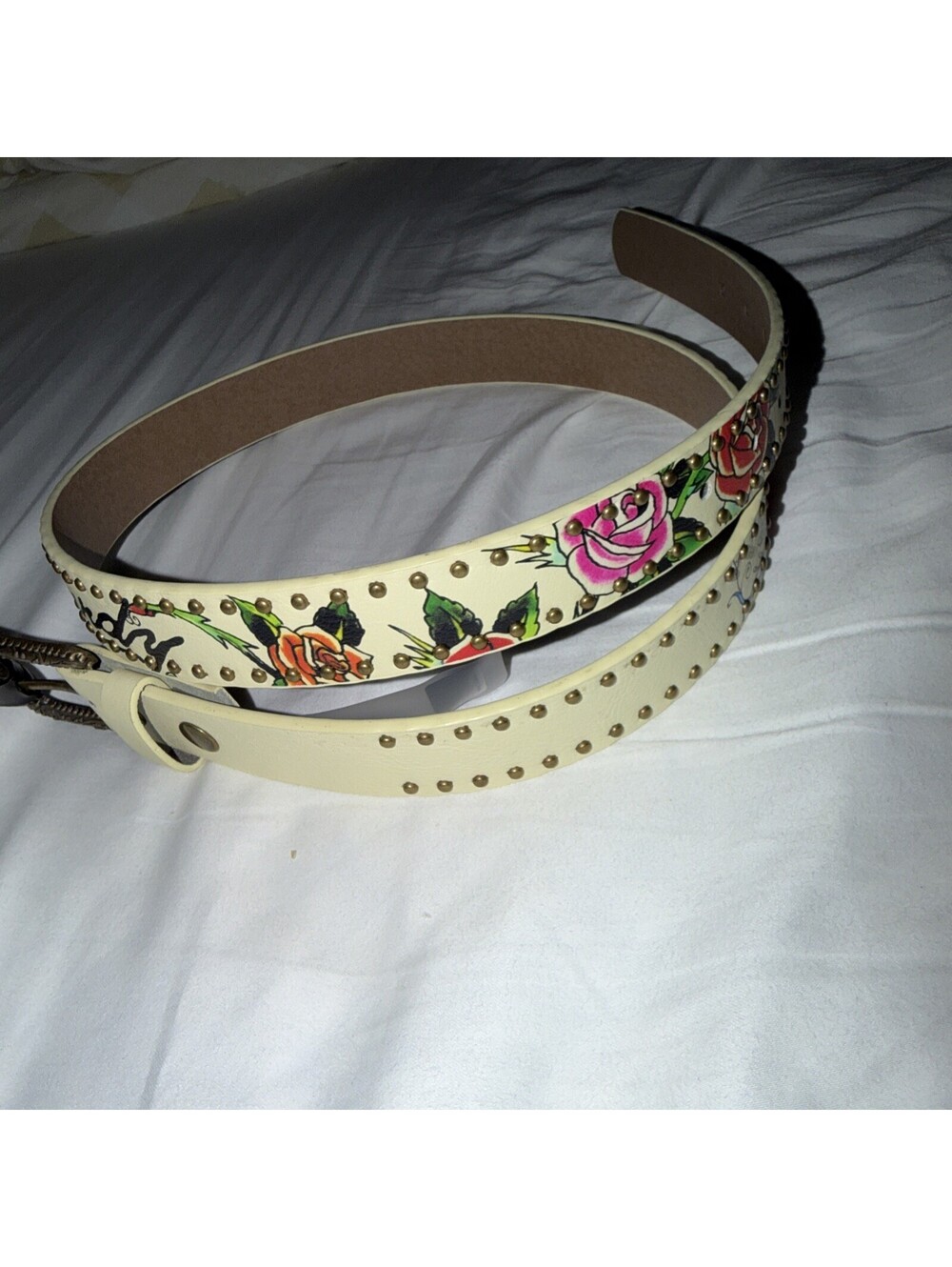 Women’s Ed Hardy Tiger Tattoo Leather Belt White Y2K Size m/L